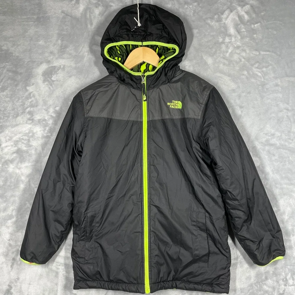 The North Face Boys Reversible Mossbud Swirl Jacket Green Camo Black L 14/16